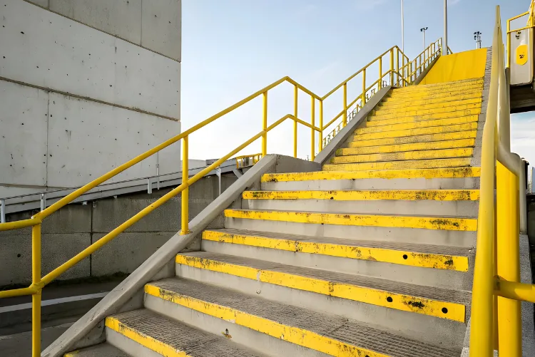 Concrete commercial staircase with yellow powder-coated safety railings