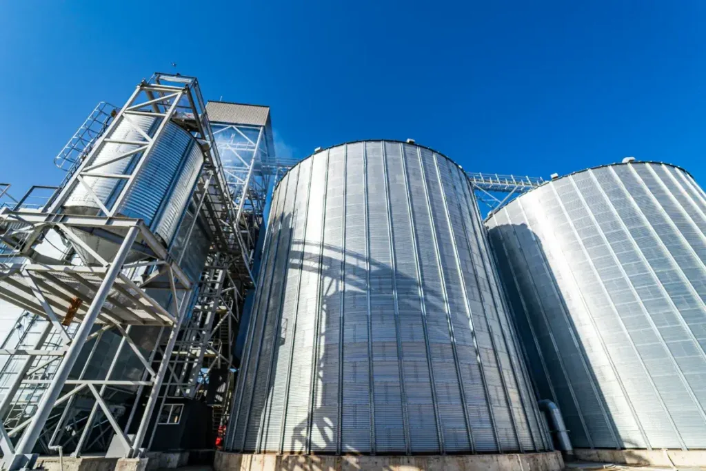 Industrial grain storage silos at a feed mill facility